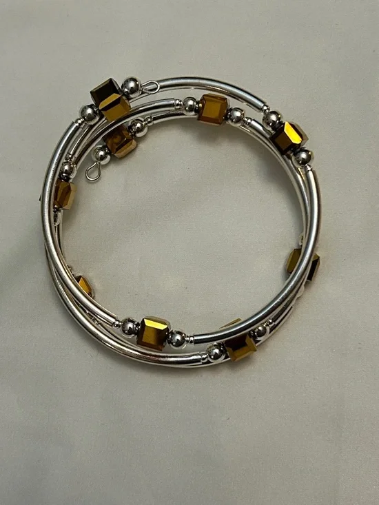 Silver Coil Bracelet with Amber Cube Beads - Picture 1 of 5